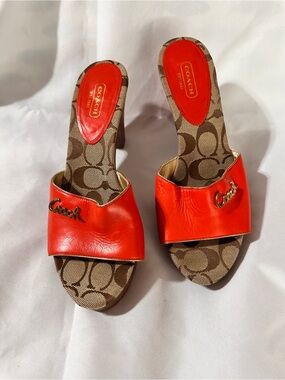 Coach Orange Leather Logo Slide Mules
